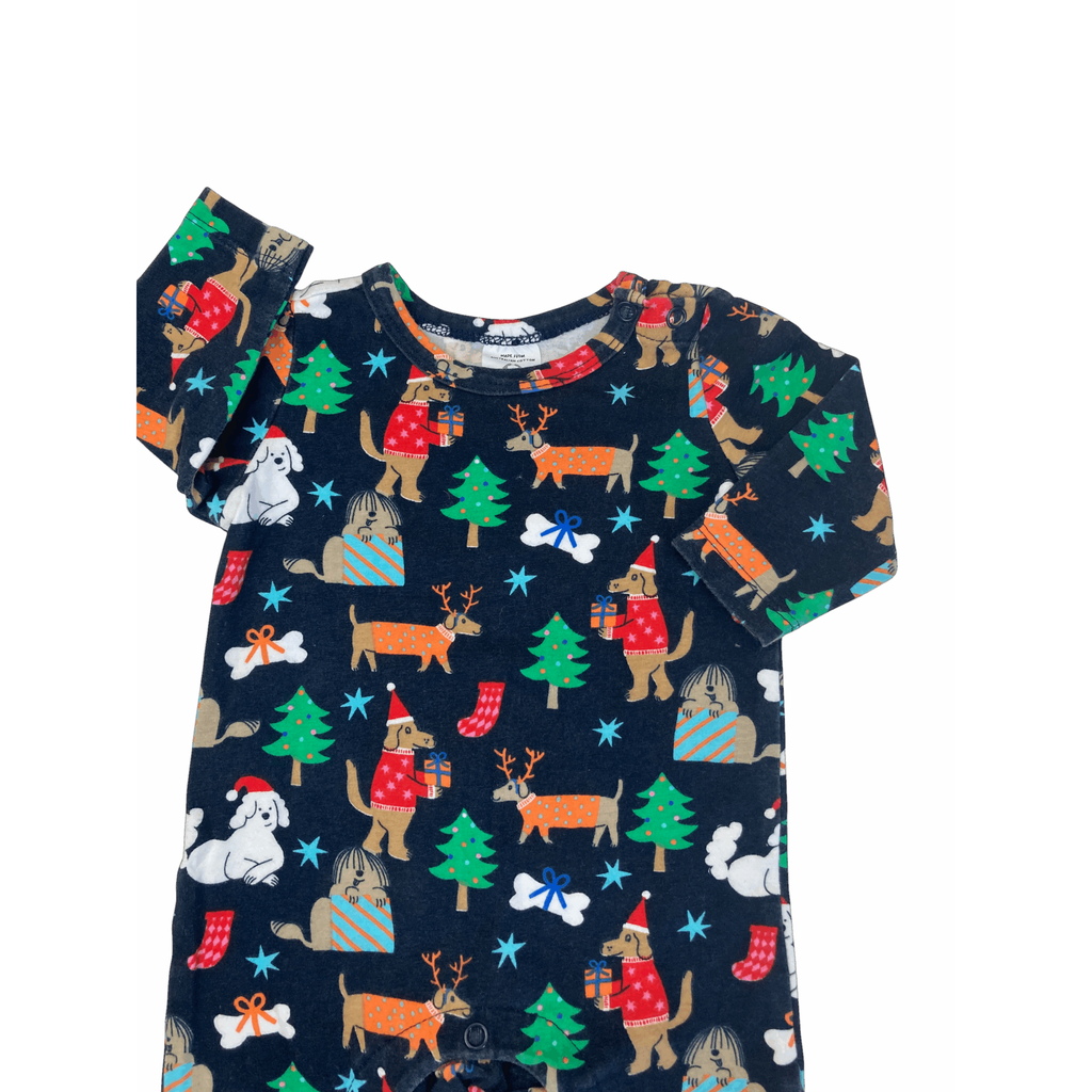 0-3M Navy Blue Puppy Christmas Footless Onesie - Cotton On