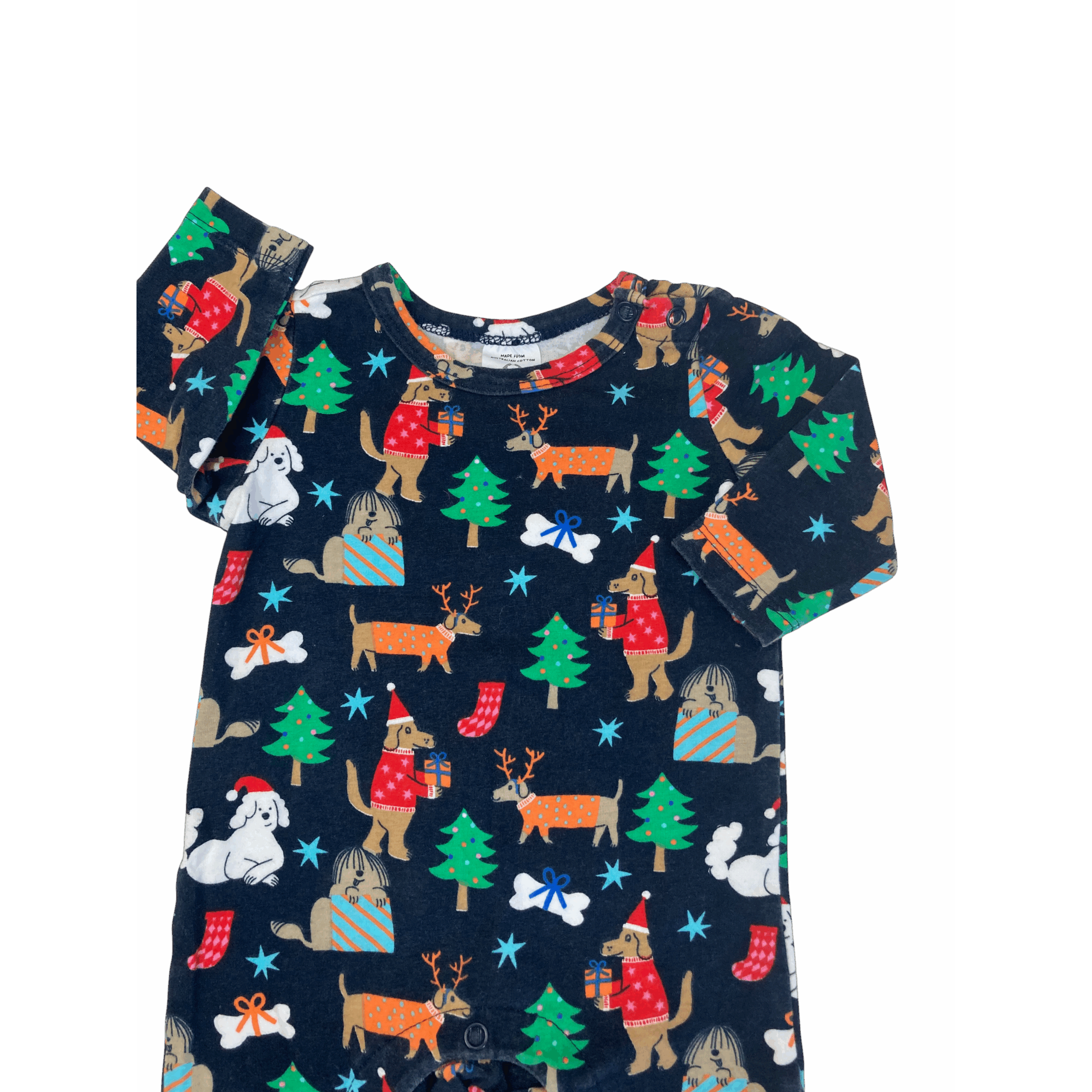 0-3M Navy Blue Puppy Christmas Footless Onesie - Cotton On