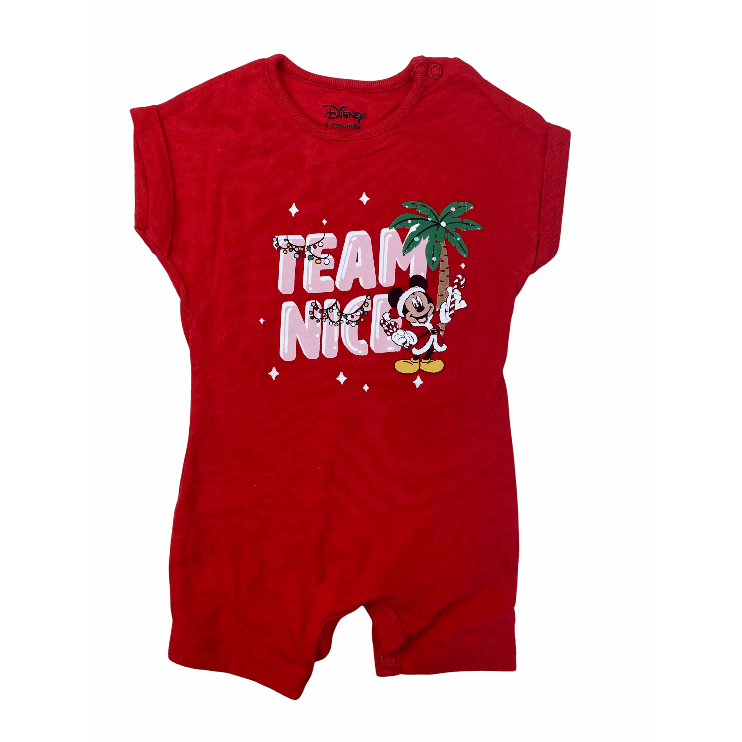1-3M Red "Team Nice" Mickey Batwing Romper - Disney