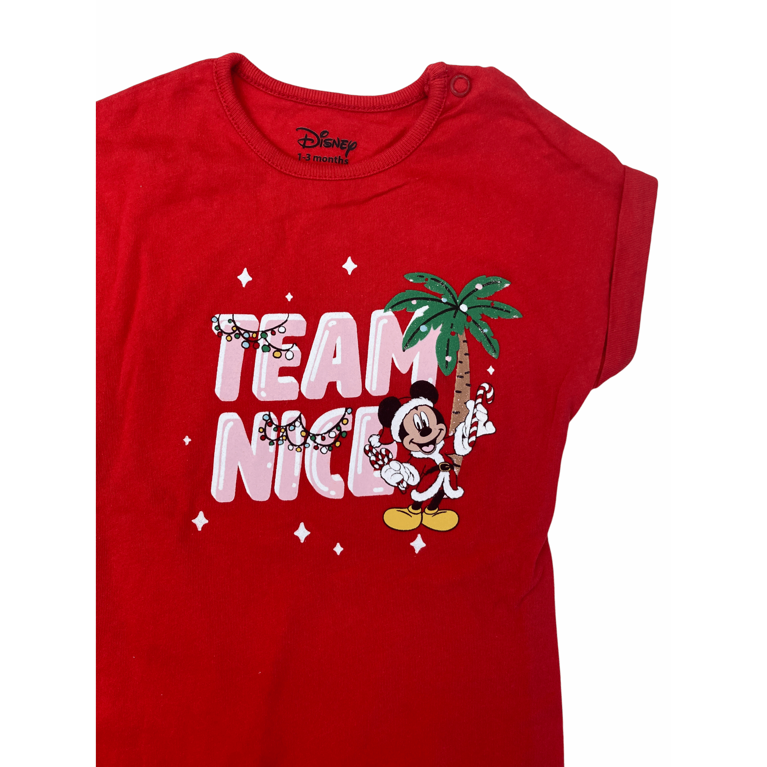 1-3M Red "Team Nice" Mickey Batwing Romper - Disney