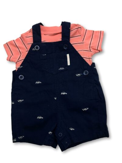 3M Navy Summer Dungaree & Coral Striped T-shirt - Carter's